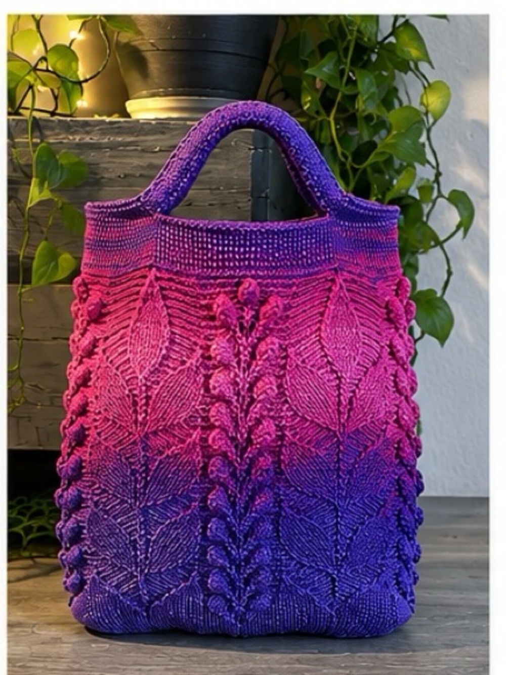 Hand-Knit Pink to Purple Ombre Women’s Tote Bag